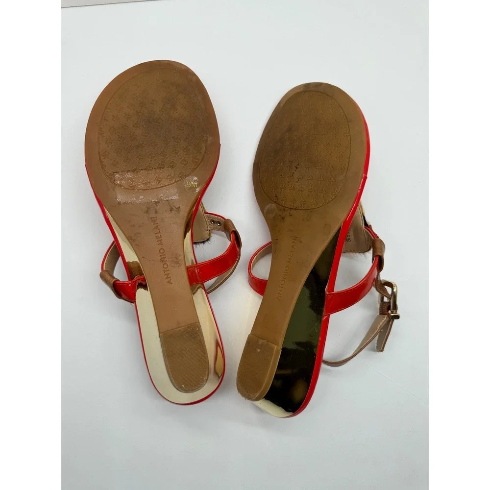 Antonio Melani Red Patent Leopard Calf Hair Gold Wedge Sandals‎ Mens 9M